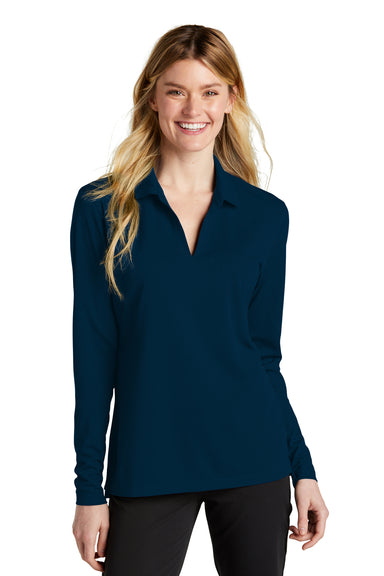 Nike NKDC2105 Womens Dri-Fit Moisture Wicking Micro Pique 2.0 Long Sleeve Polo Shirt Navy Blue Model Front
