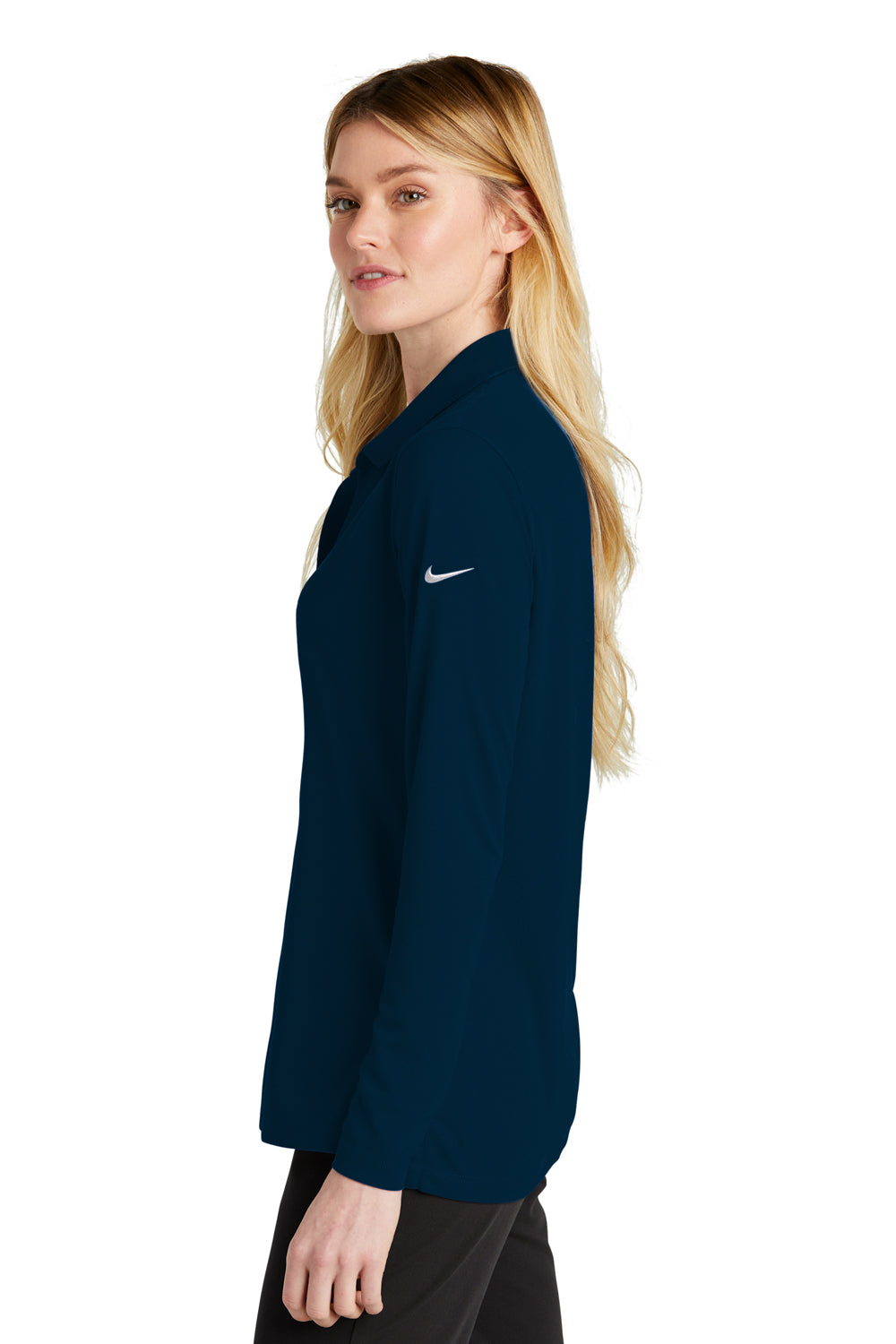 Nike NKDC2105 Womens Dri-Fit Moisture Wicking Micro Pique 2.0 Long Sleeve Polo Shirt Navy Blue Model Side