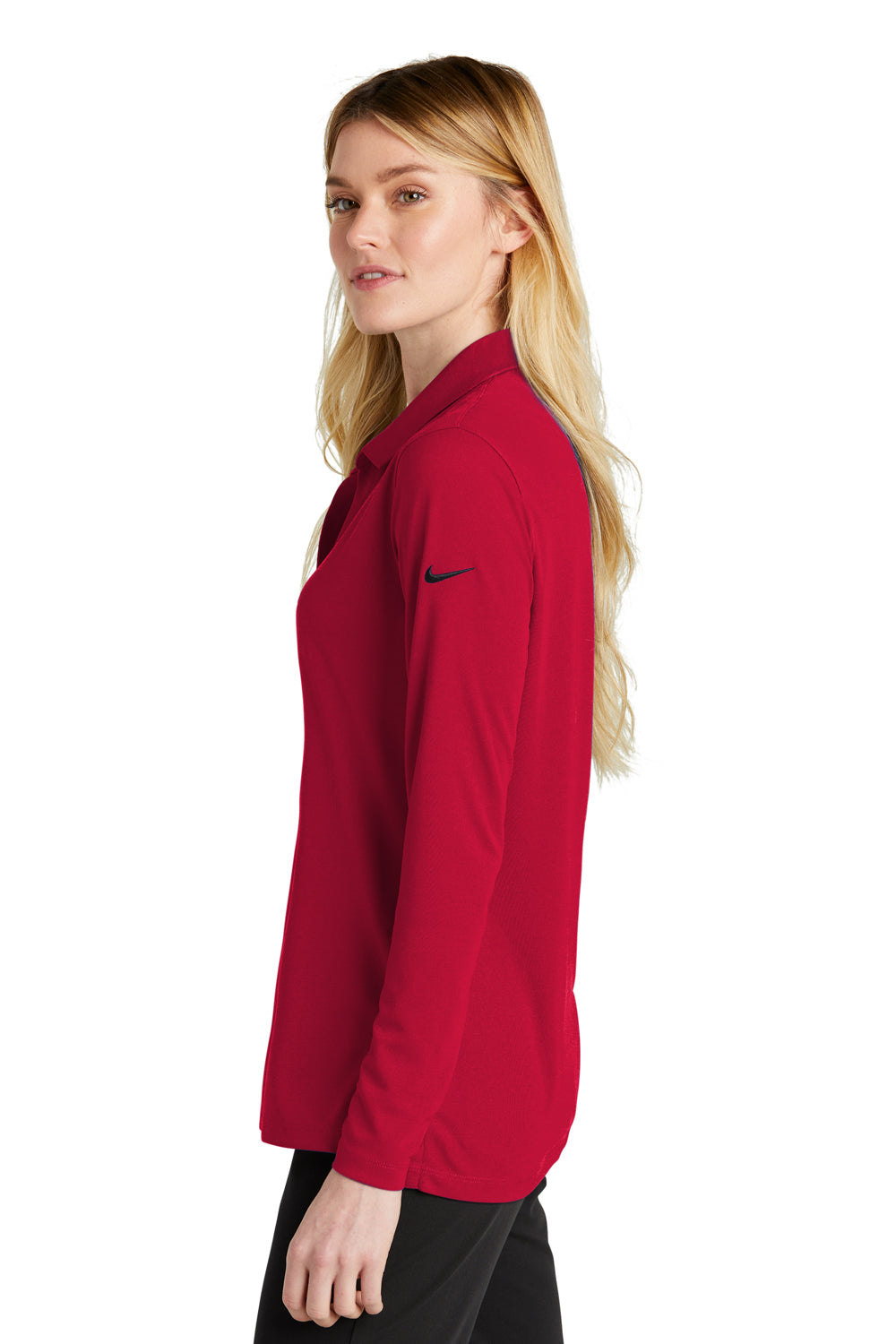 Nike NKDC2105 Womens Dri-Fit Moisture Wicking Micro Pique 2.0 Long Sleeve Polo Shirt University Red Model Side