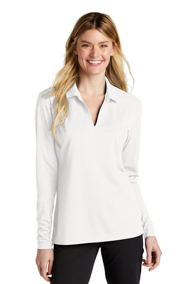 Nike NKDC2105 Womens Dri-Fit Moisture Wicking Micro Pique 2.0 Long Sleeve Polo Shirt White Model Front