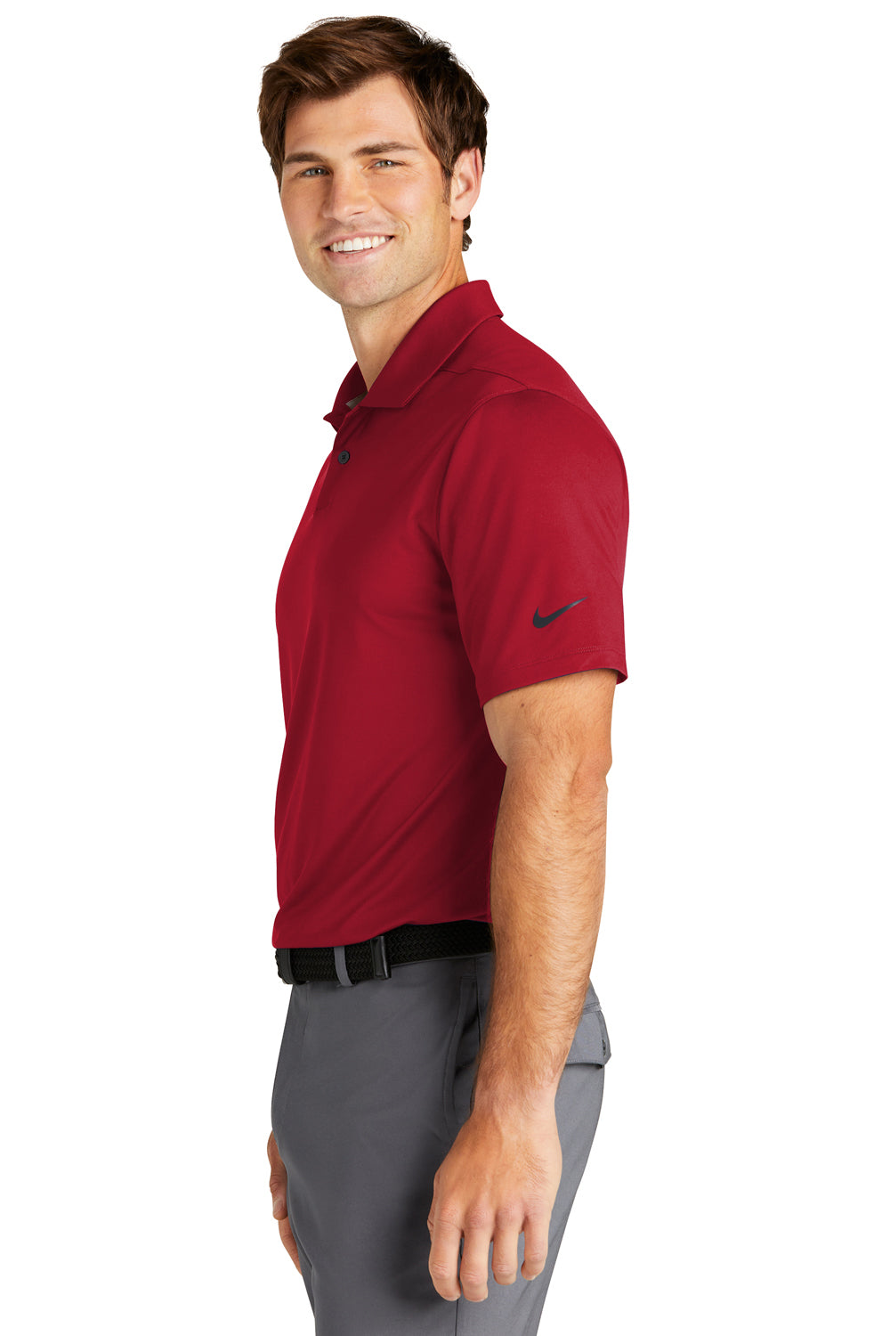 Nike NKDC2108 Mens Vapor Dri-Fit Moisture Wicking Short Sleeve Polo Shirt Gym Red Model Side