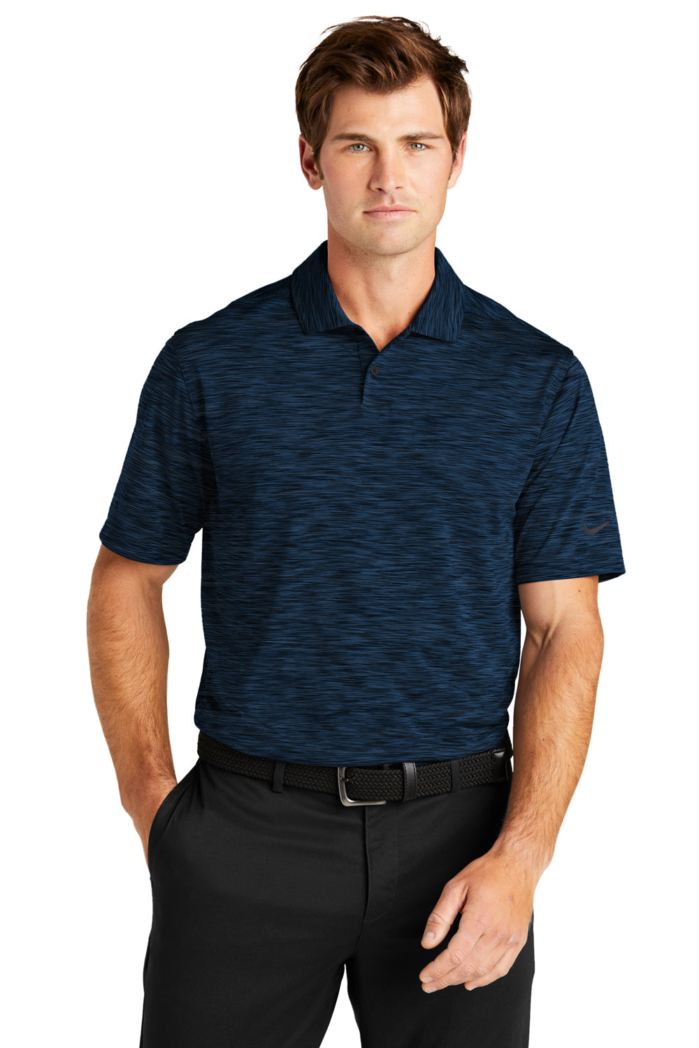 Nike NKDC2109 Mens Vapor Space Dyed Dri-Fit Moisture Wicking Short Sleeve Polo Shirt Navy Blue Model Front