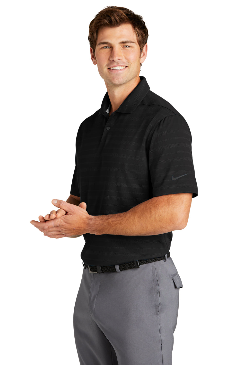 Nike NKDC2115 Mens Vapor Jacquard Dri-Fit Moisture Wicking Short Sleeve Polo Shirt Black Model 3Q