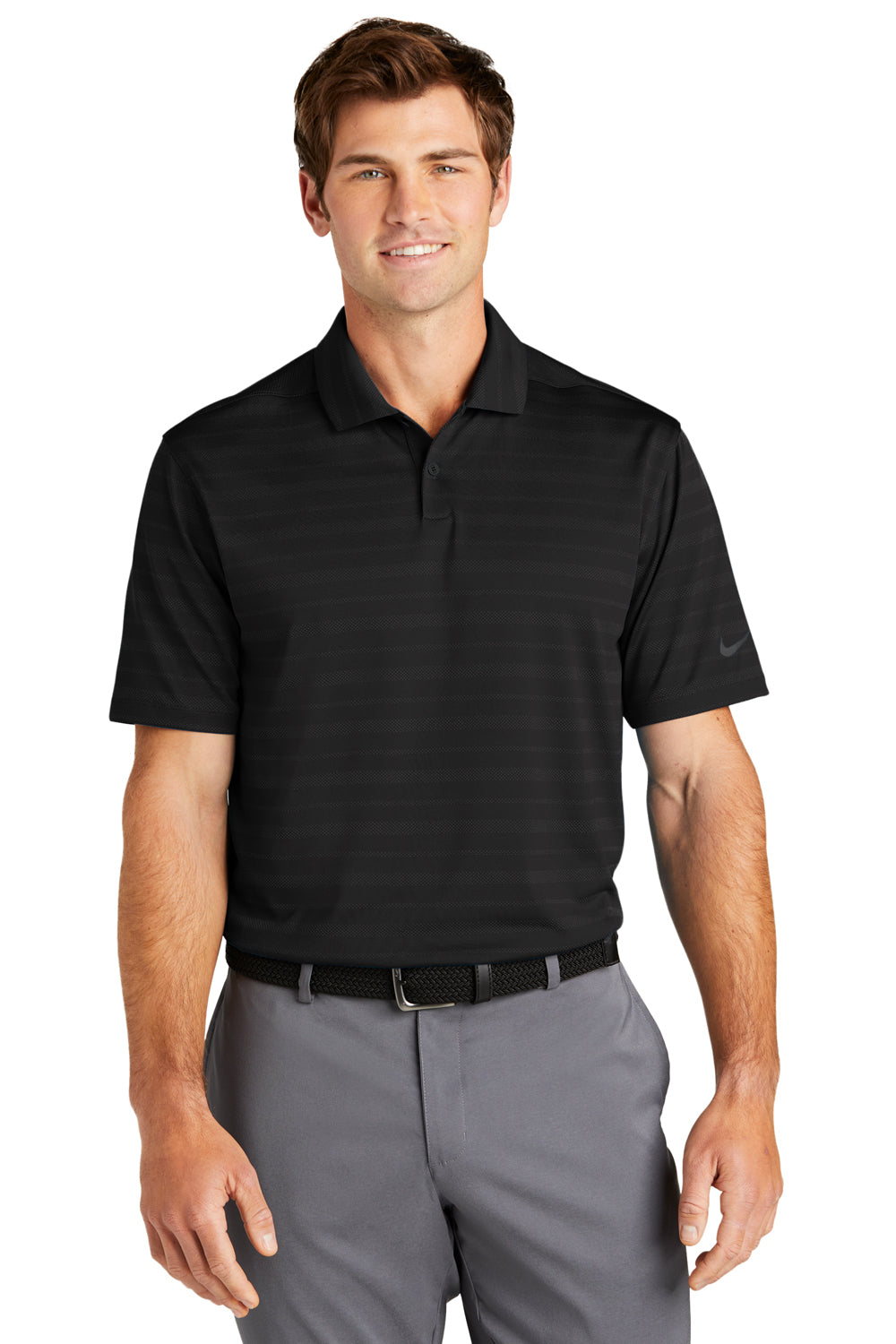 Nike NKDC2115 Mens Vapor Jacquard Dri-Fit Moisture Wicking Short Sleeve Polo Shirt Black Model Front