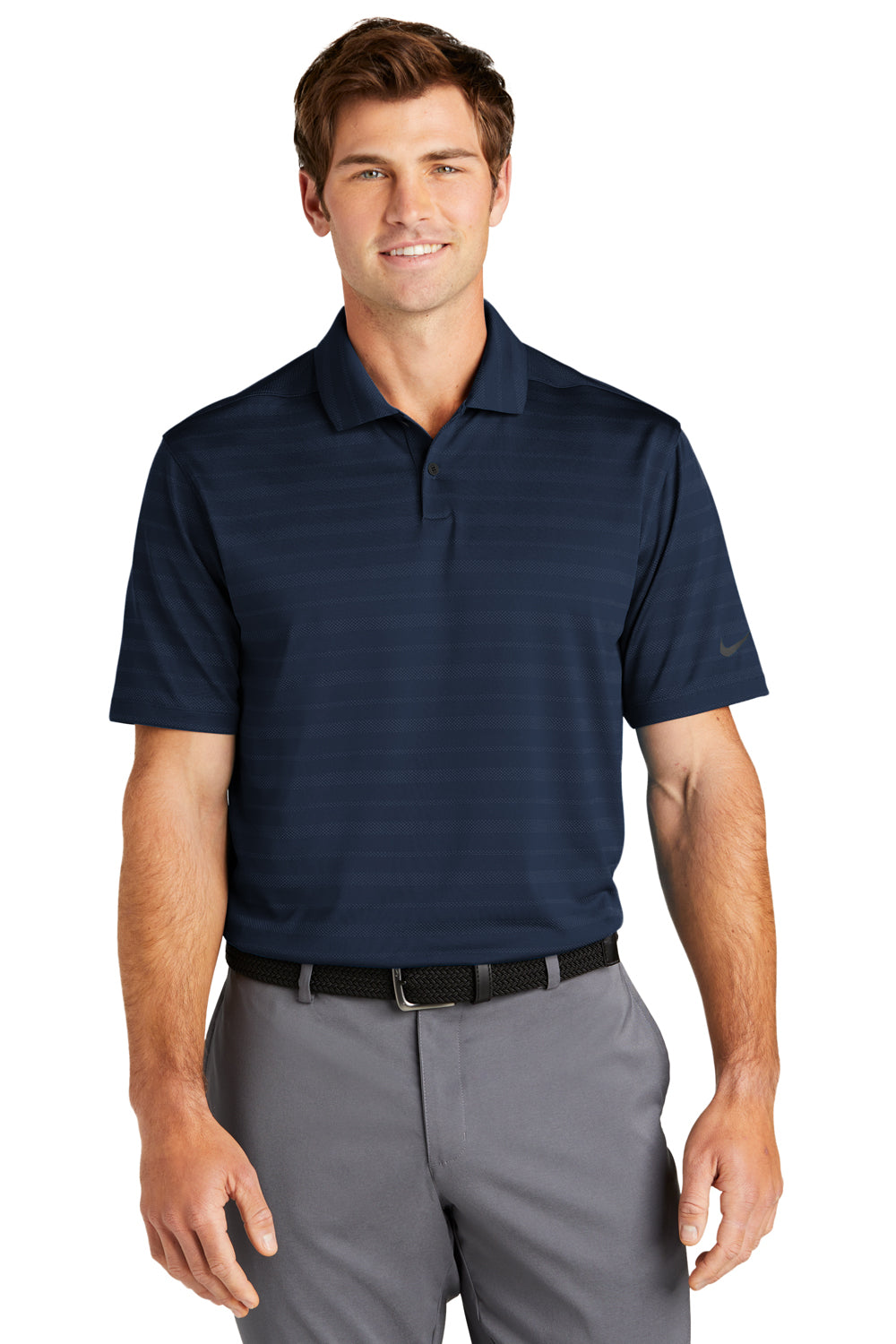 Nike NKDC2115 Mens Vapor Jacquard Dri-Fit Moisture Wicking Short Sleeve Polo Shirt Navy Blue Model Front