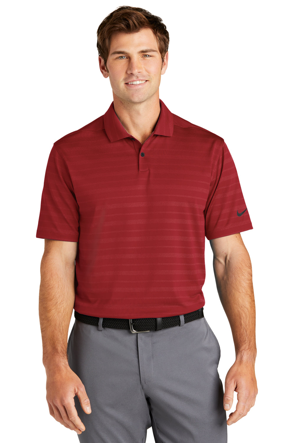 Nike NKDC2115 Mens Vapor Jacquard Dri-Fit Moisture Wicking Short Sleeve Polo Shirt Team Red Model Front