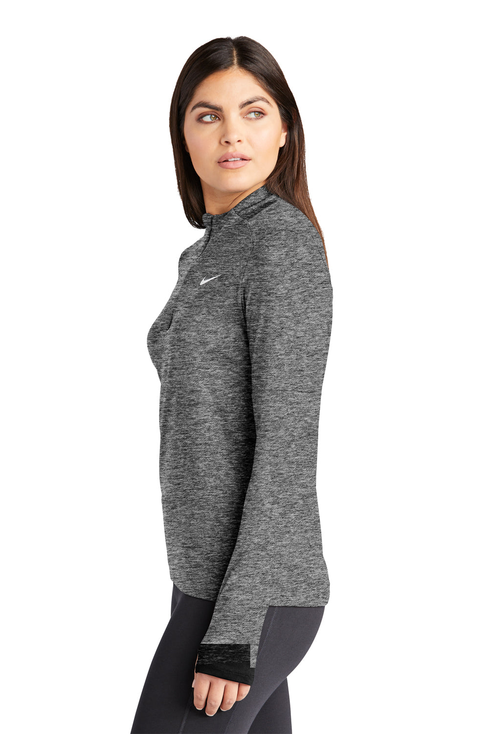 Nike NKDH4951 Womens Element Dri-Fit Moisture Wicking 1/4 Zip Sweatshirt Heather Black Model Side