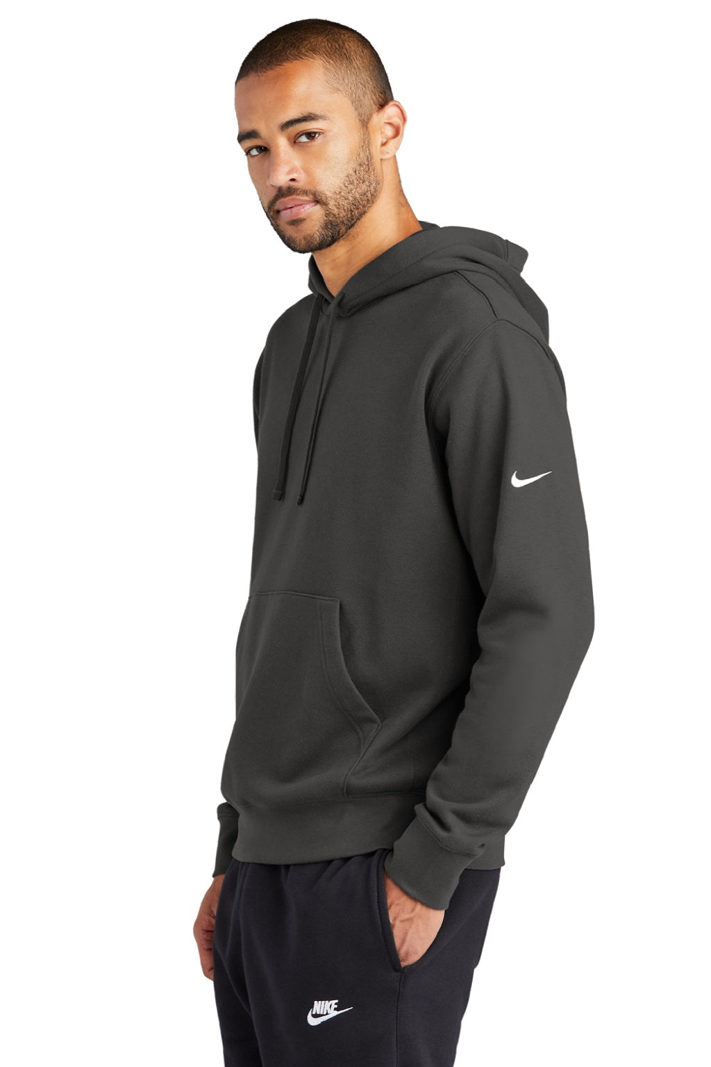 Nike NKDR1499 Mens Club Fleece Hooded Sweatshirt Hoodie w/ Pouch Pocket Anthracite Grey Model Side