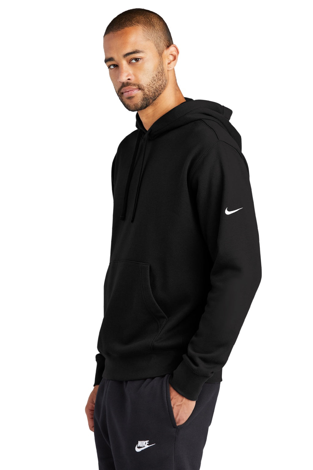 Nike NKDR1499 Mens Club Fleece Hooded Sweatshirt Hoodie w/ Pouch Pocket Black Model Side