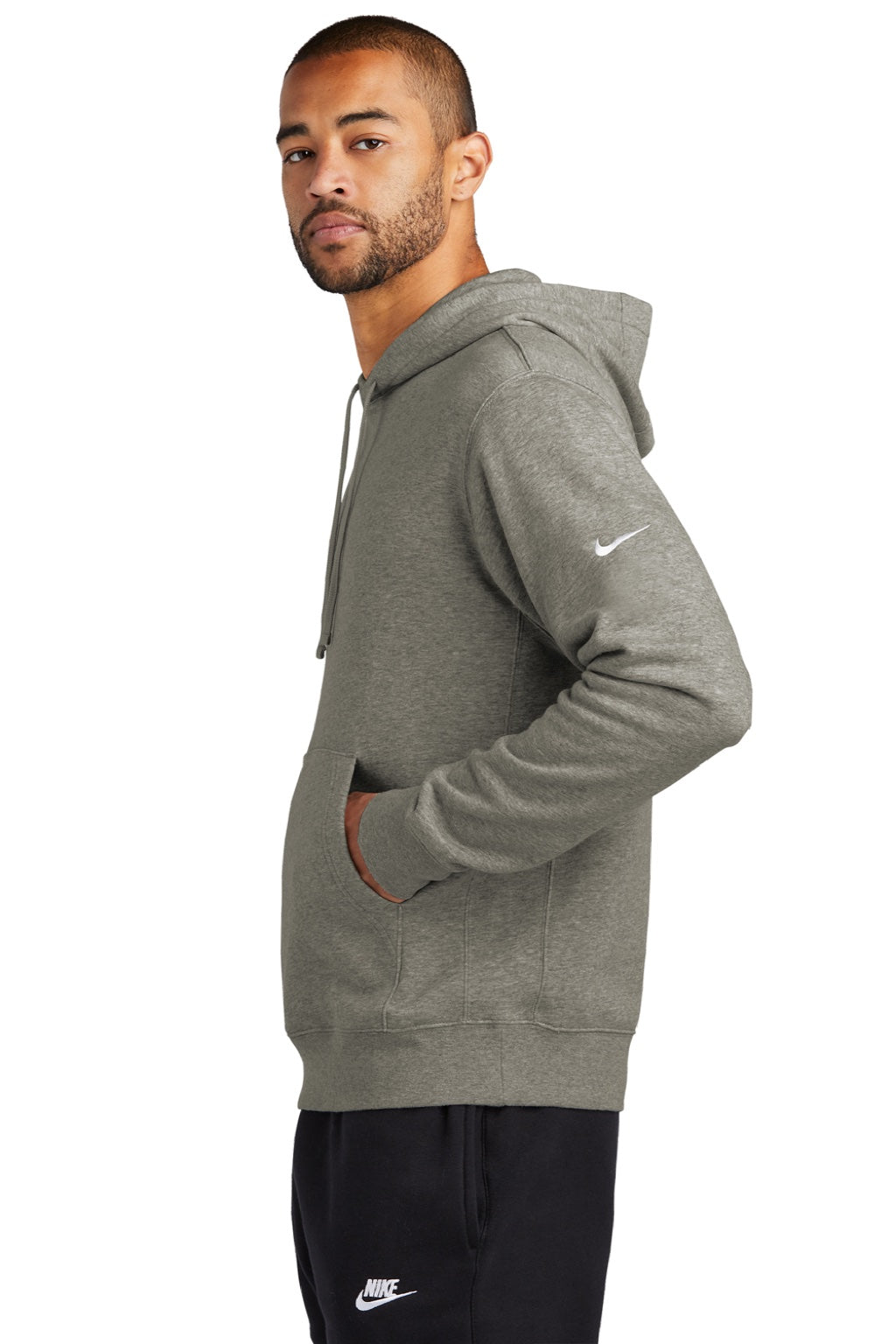 Nike NKDR1499 Mens Club Fleece Hooded Sweatshirt Hoodie w/ Pouch Pocket Heather Dark Grey Model Side