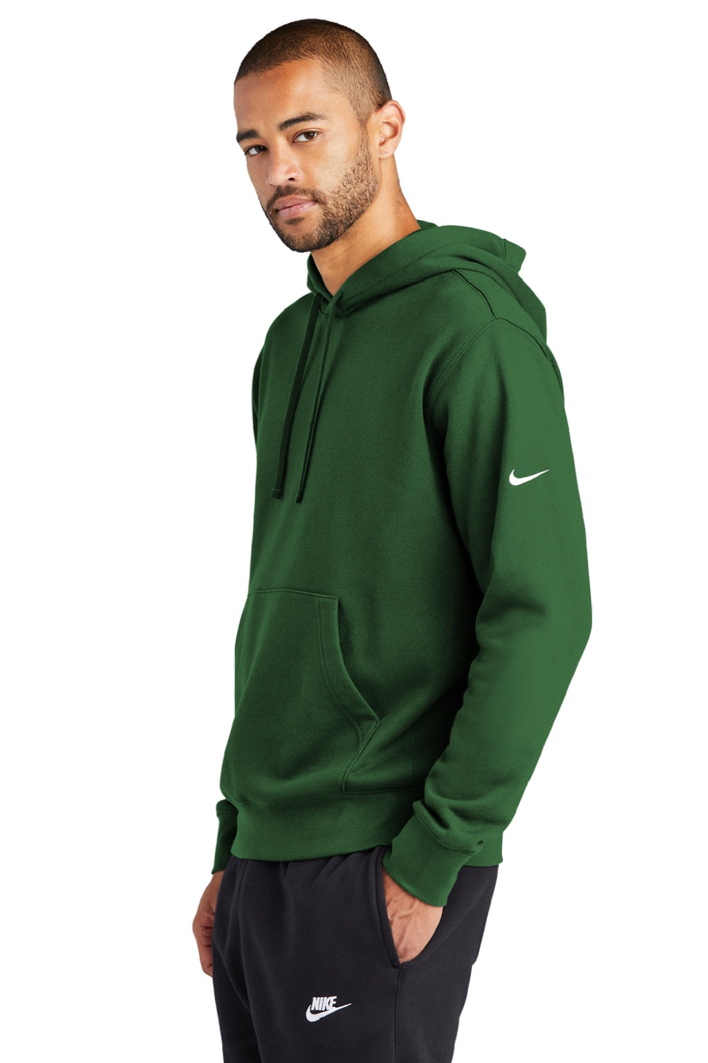 Nike NKDR1499 Mens Club Fleece Hooded Sweatshirt Hoodie w/ Pouch Pocket Gorge Green Model Side