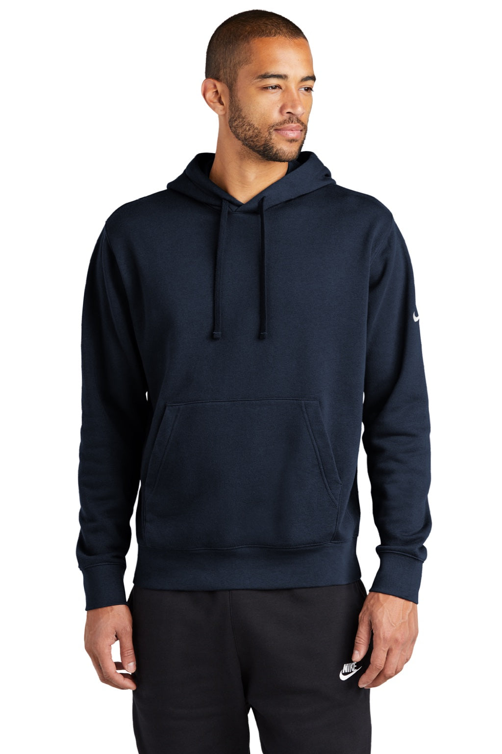 Nike NKDR1499 Mens Club Fleece Hooded Sweatshirt Hoodie w/ Pouch Pocket Midnight Navy Blue Model Front