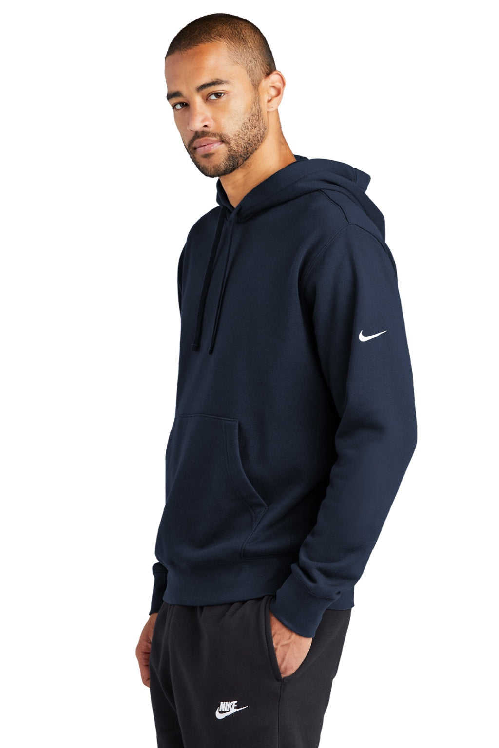 Nike NKDR1499 Mens Club Fleece Hooded Sweatshirt Hoodie w/ Pouch Pocket Midnight Navy Blue Model Side