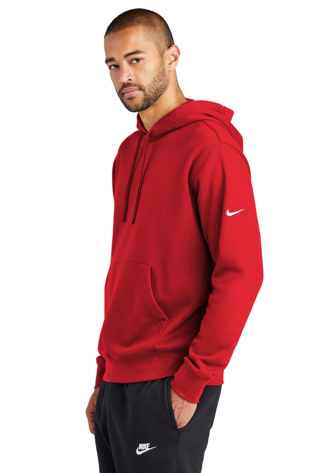 Nike NKDR1499 Mens Club Fleece Hooded Sweatshirt Hoodie w/ Pouch Pocket University Red Model Side