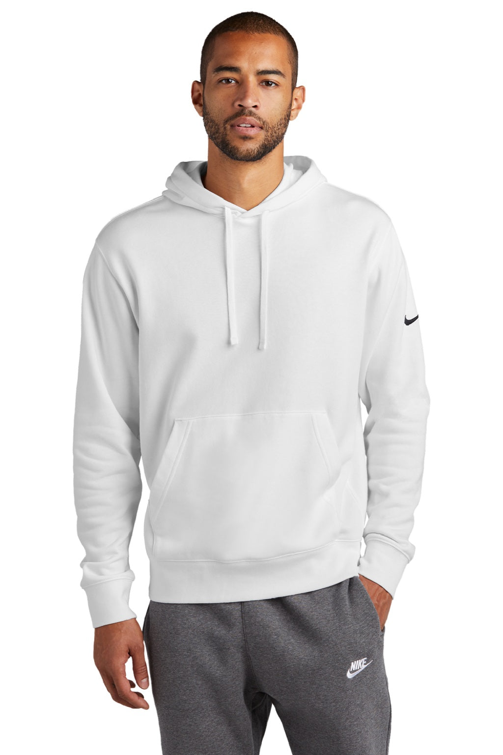 Nike NKDR1499 Mens Club Fleece Hooded Sweatshirt Hoodie w/ Pouch Pocket White Model Front