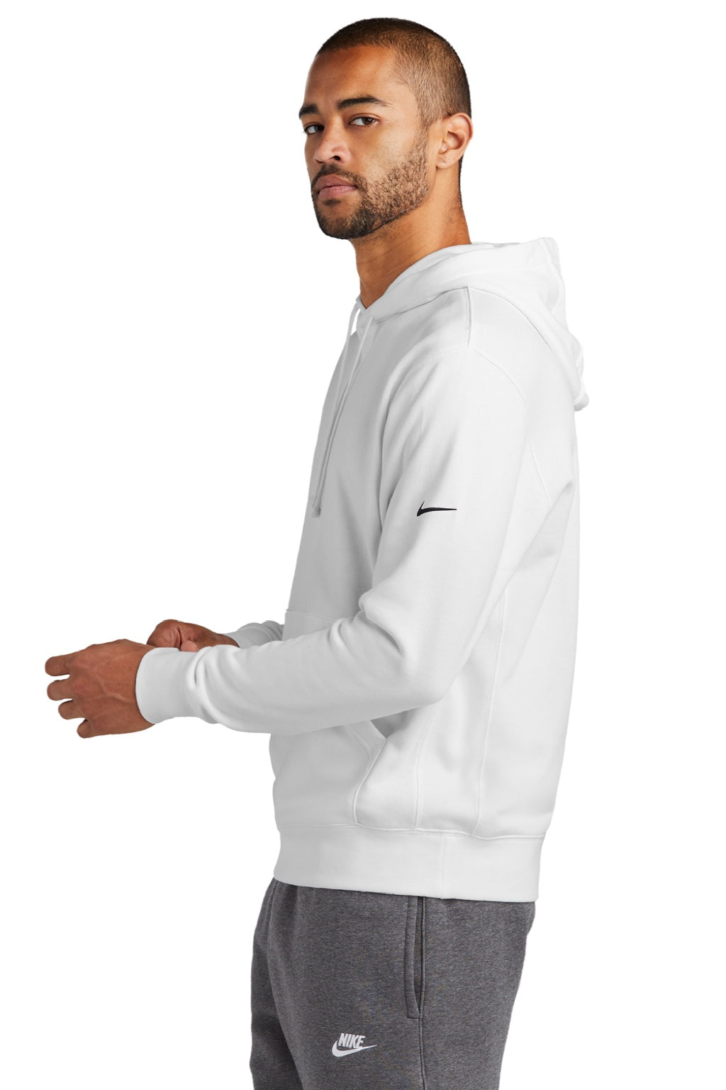 Nike NKDR1499 Mens Club Fleece Hooded Sweatshirt Hoodie w/ Pouch Pocket White Model Side