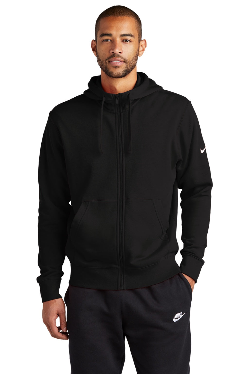 Nike NKDR1513 Mens Club Fleece Full Zip Hooded Sweatshirt Hoodie w/ Pockets Black Model Front