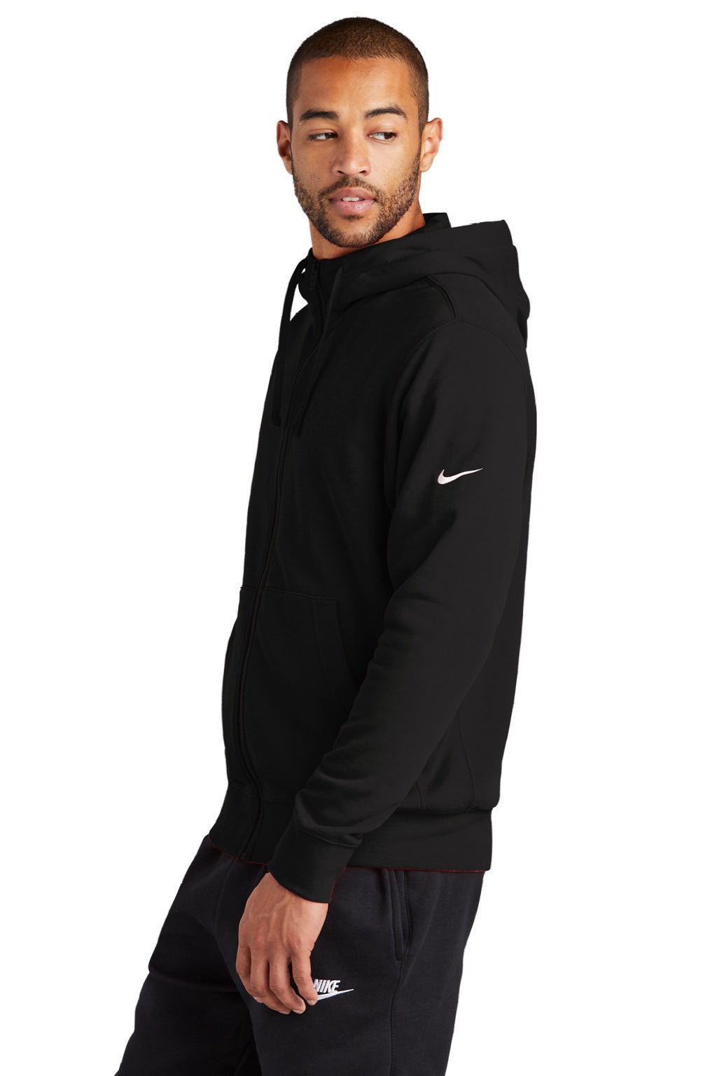 Nike NKDR1513 Mens Club Fleece Full Zip Hooded Sweatshirt Hoodie w/ Pockets Black Model Side