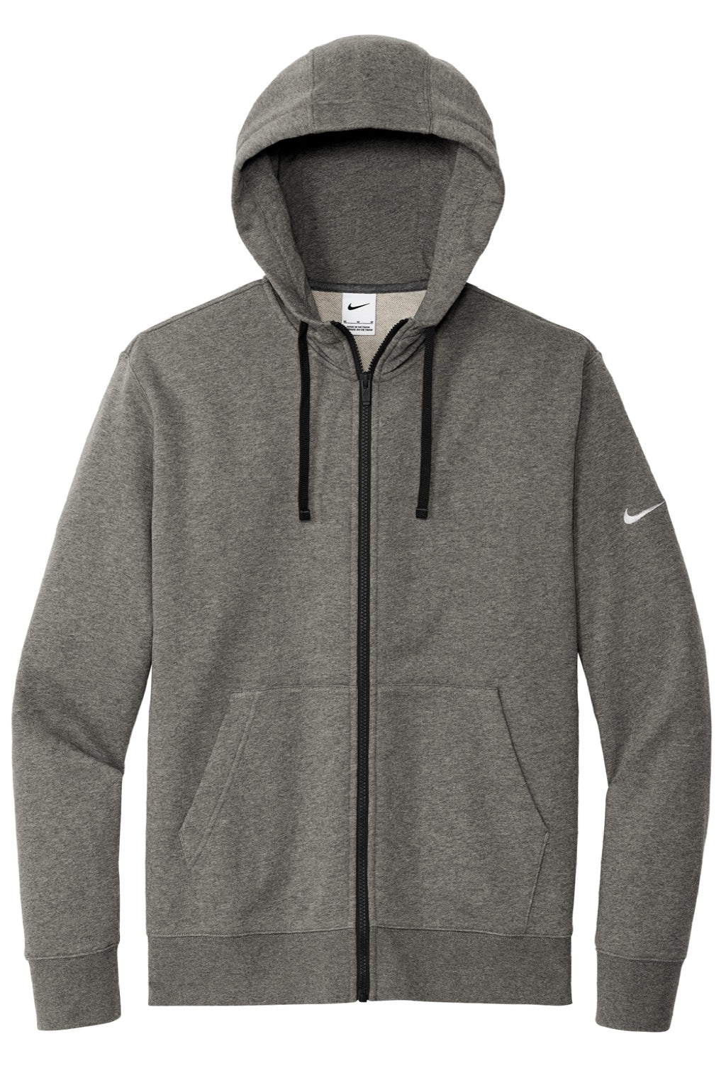 Nike NKDR1513 Mens Club Fleece Full Zip Hooded Sweatshirt Hoodie w/ Pockets Heather Charcoal Grey Flat Front