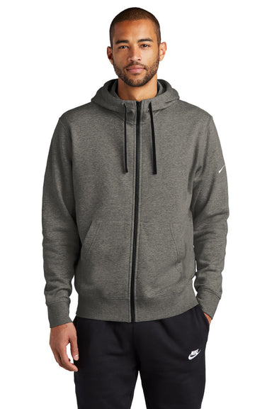 Nike NKDR1513 Mens Club Fleece Full Zip Hooded Sweatshirt Hoodie w/ Pockets Heather Charcoal Grey Model Front