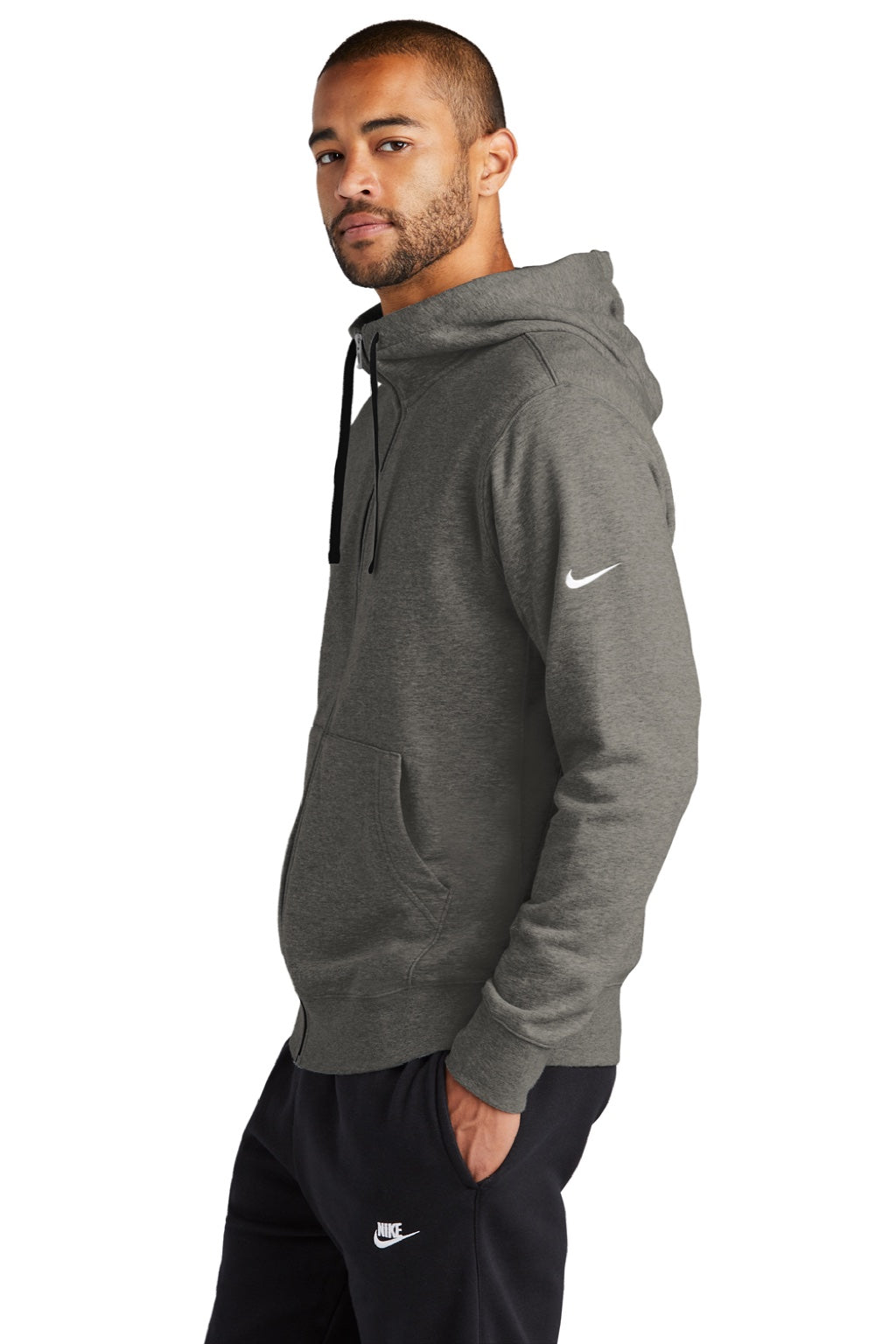 Nike NKDR1513 Mens Club Fleece Full Zip Hooded Sweatshirt Hoodie w/ Pockets Heather Charcoal Grey Model Side