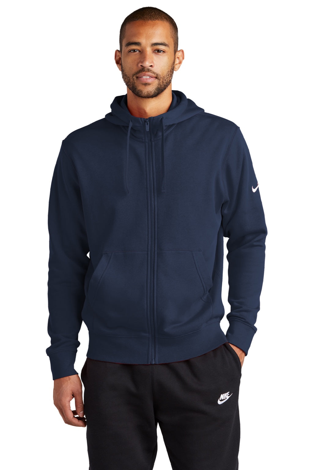 Nike NKDR1513 Mens Club Fleece Full Zip Hooded Sweatshirt Hoodie w/ Pockets Midnight Navy Blue Model Front