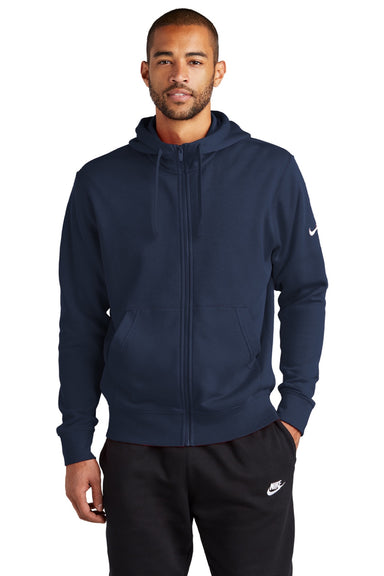 Nike NKDR1513 Mens Club Fleece Full Zip Hooded Sweatshirt Hoodie w/ Pockets Midnight Navy Blue Model Front