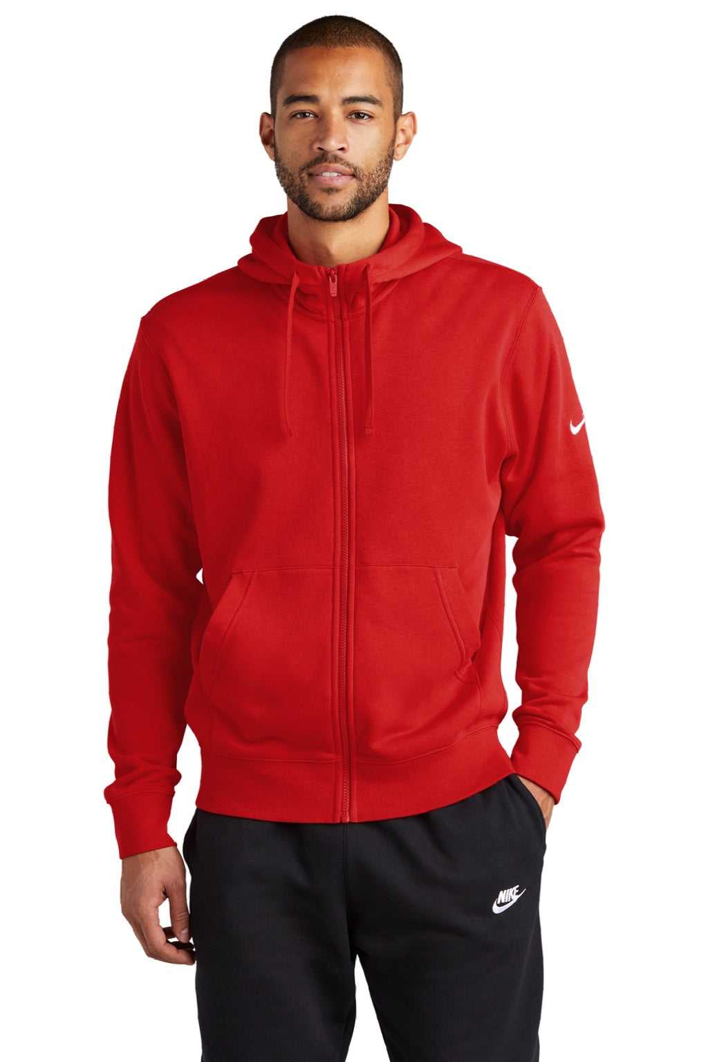 Nike NKDR1513 Mens Club Fleece Full Zip Hooded Sweatshirt Hoodie w/ Pockets University Red Model Front