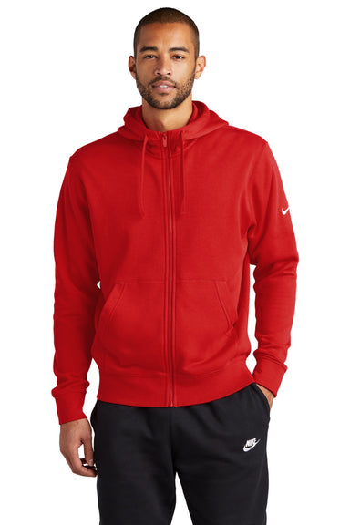 Nike NKDR1513 Mens Club Fleece Full Zip Hooded Sweatshirt Hoodie w/ Pockets University Red Model Front
