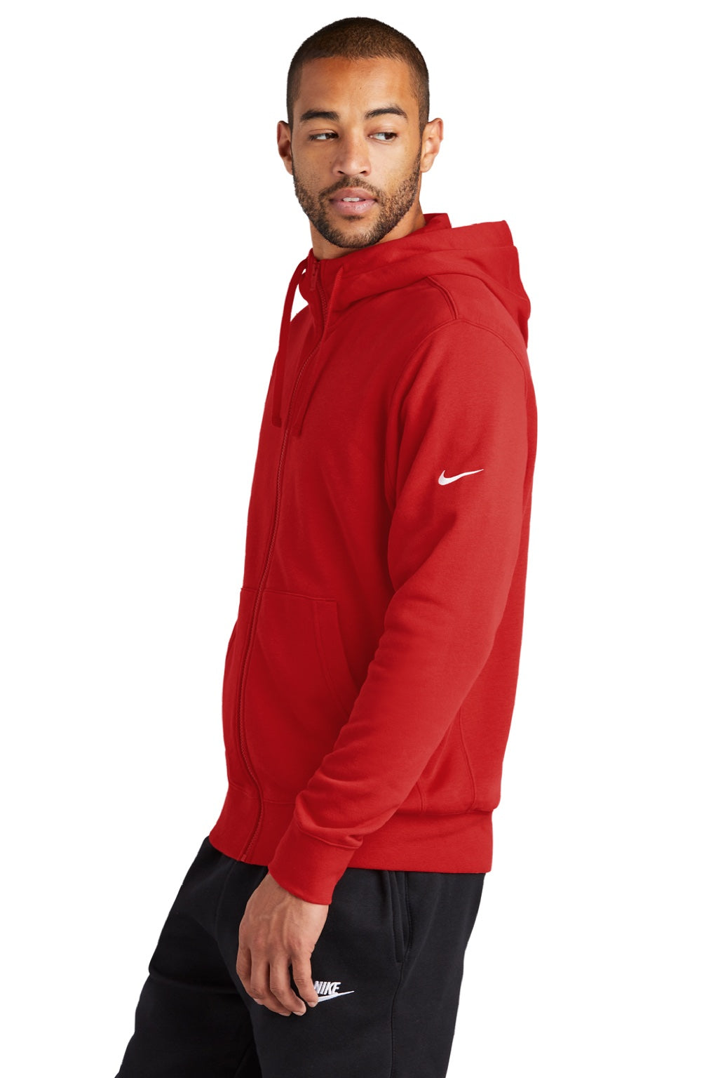 Nike NKDR1513 Mens Club Fleece Full Zip Hooded Sweatshirt Hoodie w/ Pockets University Red Model Side