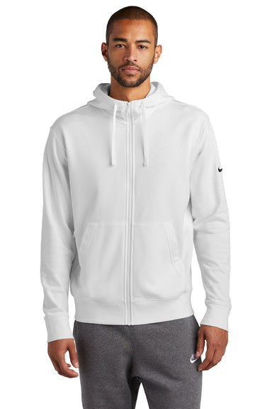 Nike NKDR1513 Mens Club Fleece Full Zip Hooded Sweatshirt Hoodie w/ Pockets White Model Front