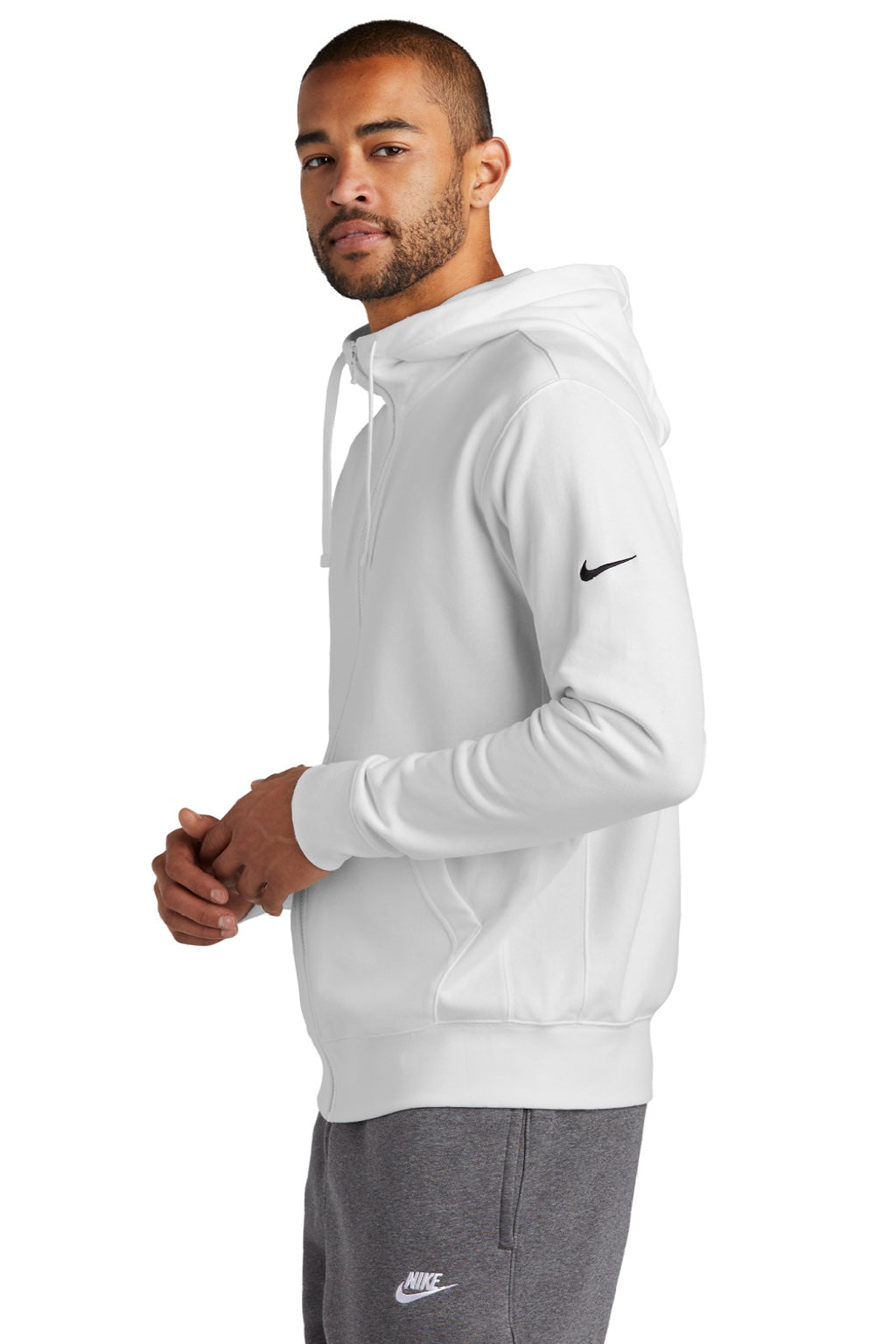 Nike NKDR1513 Mens Club Fleece Full Zip Hooded Sweatshirt Hoodie w/ Pockets White Model Side