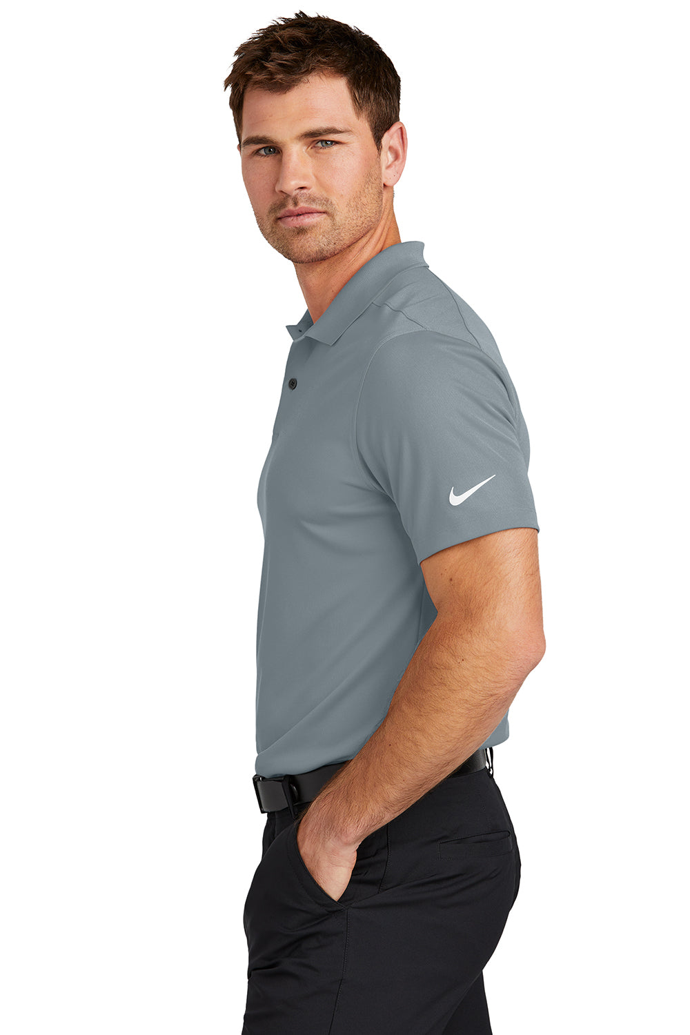 Nike NKDX6684 Mens Victory Dri-Fit Moisture Wicking Short Sleeve Polo Shirt Cool Grey Model Side