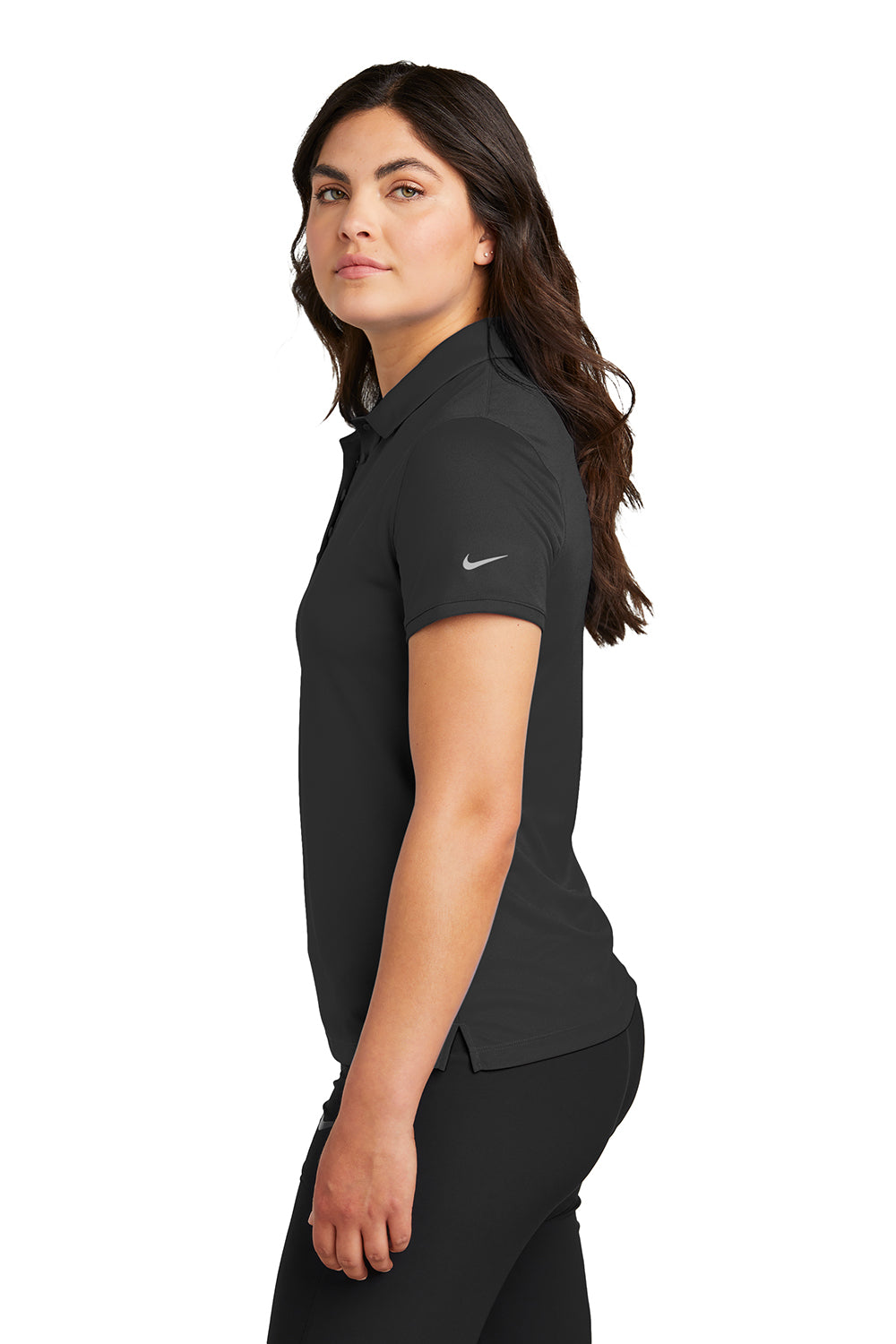 Nike NKDX6685 Womens Victory Dri-Fit Moisture Wicking Short Sleeve Polo Shirt Black Model Side