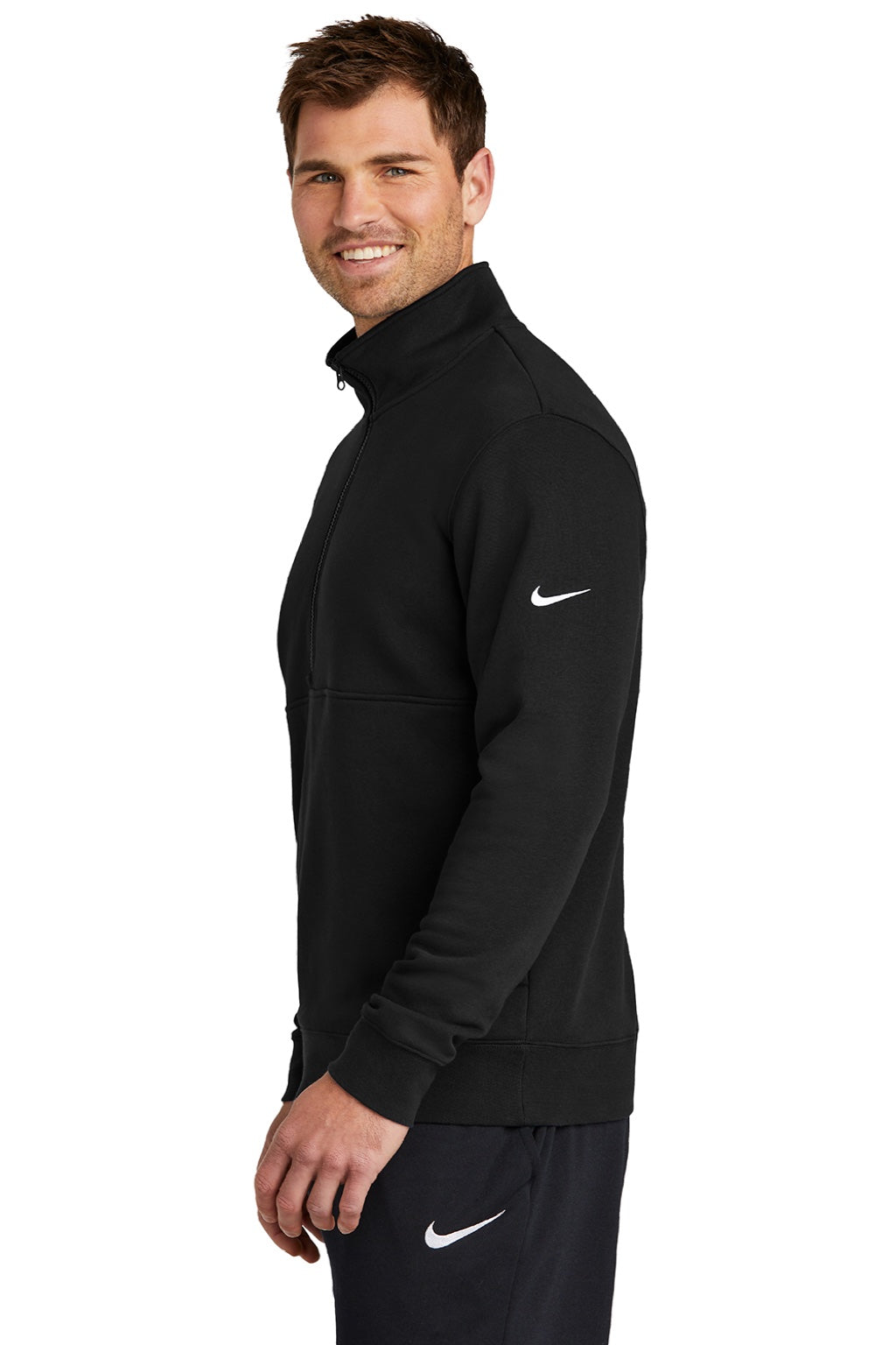 Nike NKDX6718 Mens Club Fleece 1/4 Zip Sweatshirt w/ Pockets Black Model Side