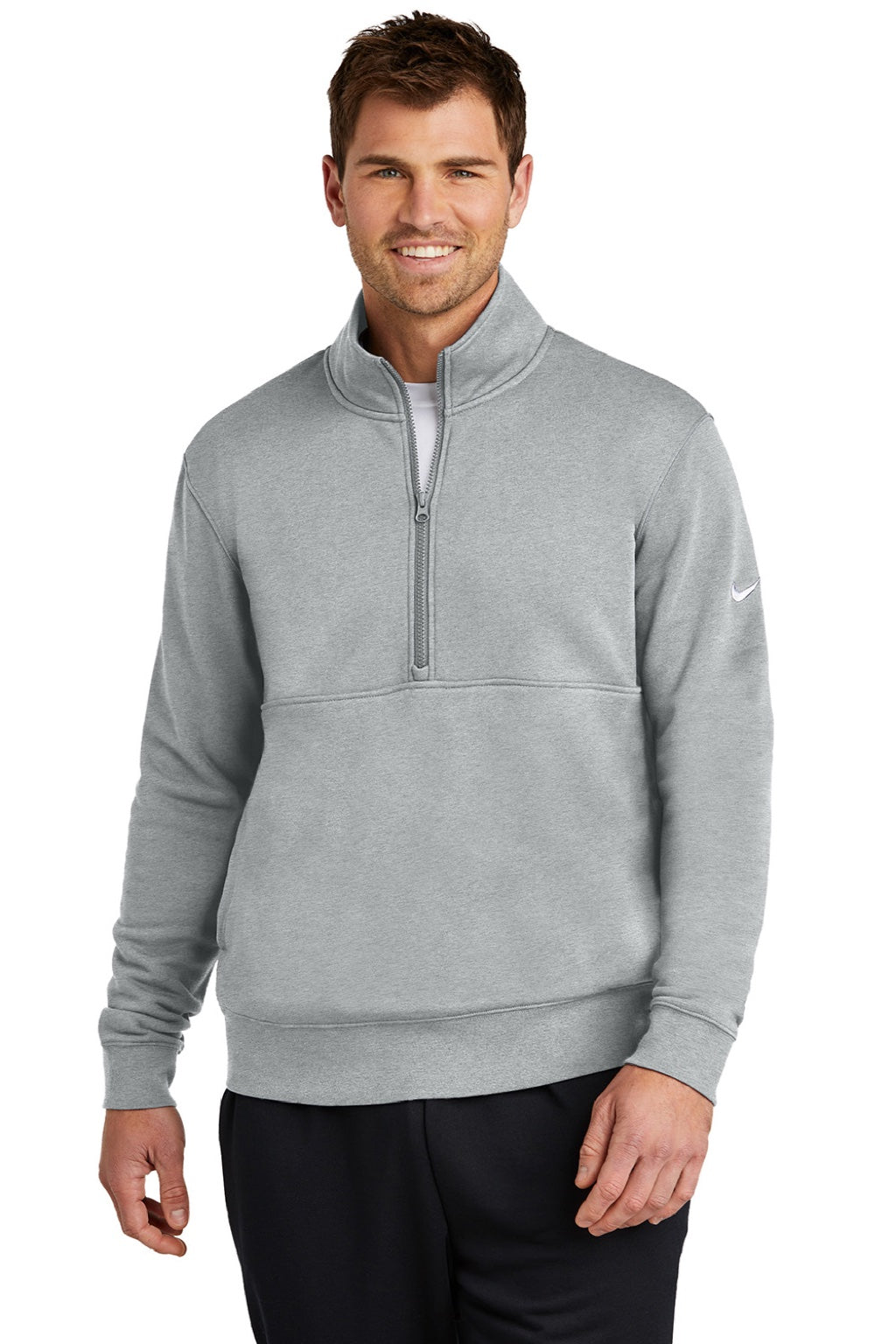 Nike NKDX6718 Mens Club Fleece 1/4 Zip Sweatshirt w/ Pockets Heather Dark Grey Model Front