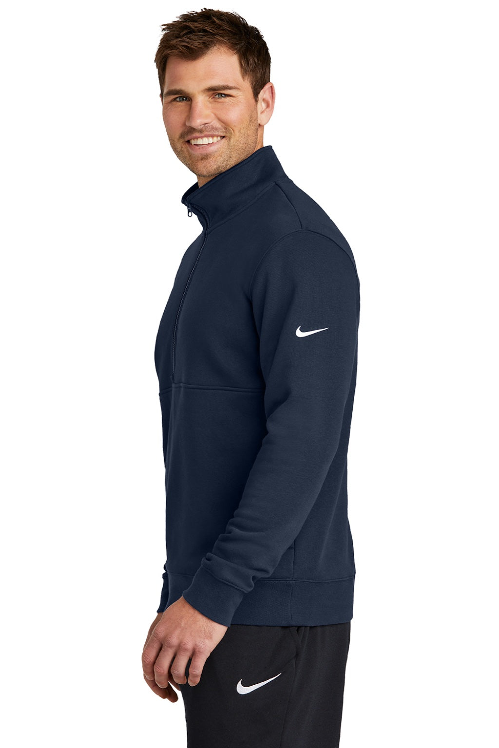 Nike NKDX6718 Mens Club Fleece 1/4 Zip Sweatshirt w/ Pockets Midnight Navy Blue Model Side