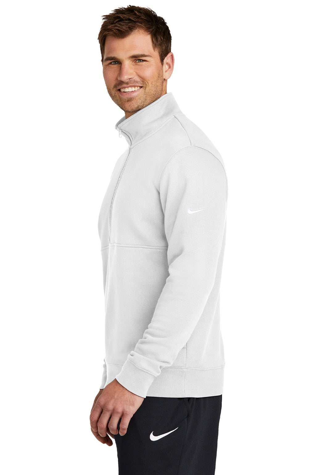 Nike NKDX6718 Mens Club Fleece 1/4 Zip Sweatshirt w/ Pockets White Model Side
