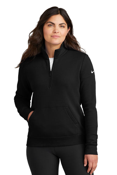 Nike NKDX6720 Womens Club Fleece 1/4 Zip Sweatshirt w/ Pouch Pocket Black Model Front
