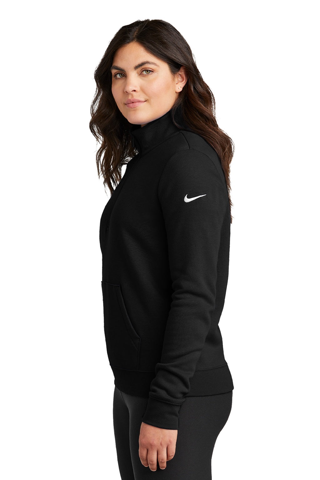 Nike NKDX6720 Womens Club Fleece 1/4 Zip Sweatshirt w/ Pouch Pocket Black Model Side