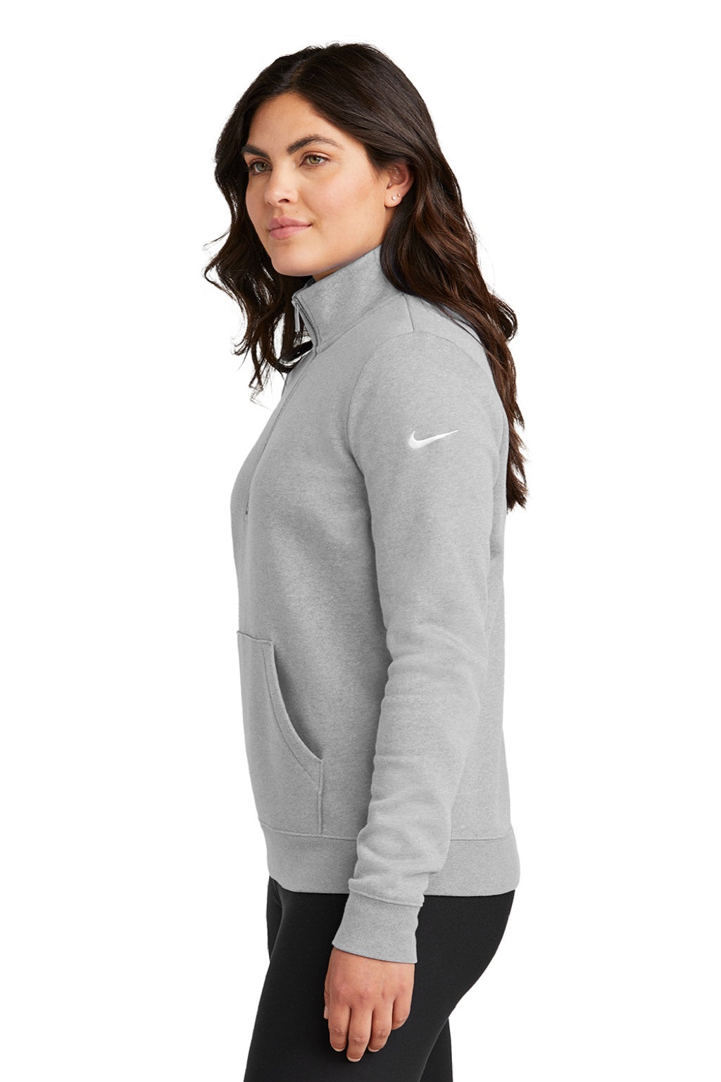 Nike NKDX6720 Womens Club Fleece 1/4 Zip Sweatshirt w/ Pouch Pocket Heather Dark Grey Model Side