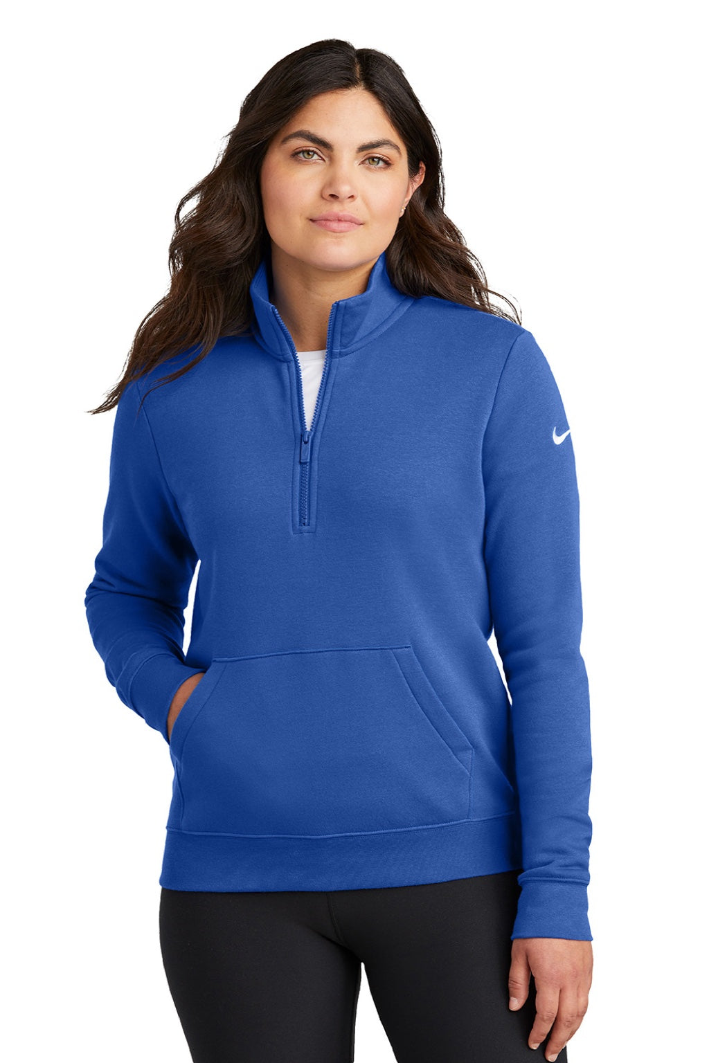 Nike NKDX6720 Womens Club Fleece 1/4 Zip Sweatshirt w/ Pouch Pocket Game Royal Blue Model Front