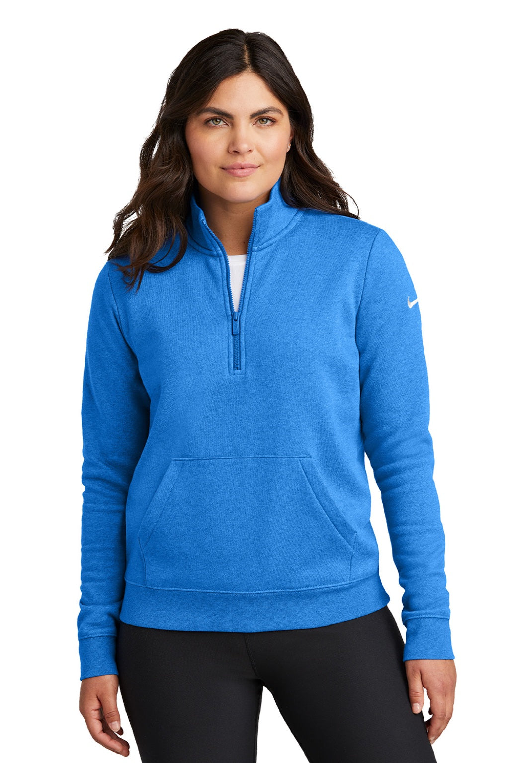 Nike NKDX6720 Womens Club Fleece 1/4 Zip Sweatshirt w/ Pouch Pocket Heather Light Game Royal Blue Model Front
