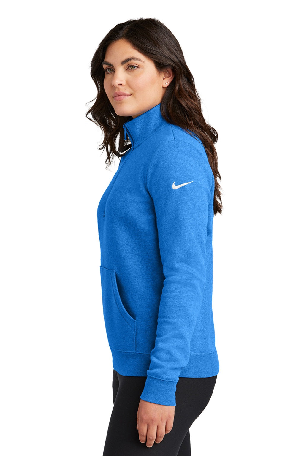 Nike NKDX6720 Womens Club Fleece 1/4 Zip Sweatshirt w/ Pouch Pocket Heather Light Game Royal Blue Model Side