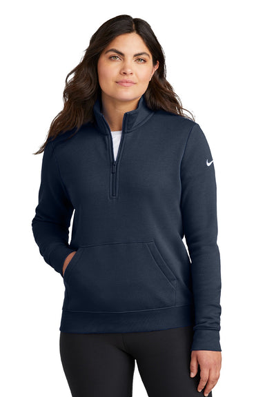 Nike NKDX6720 Womens Club Fleece 1/4 Zip Sweatshirt w/ Pouch Pocket Midnight Navy Blue Model Front