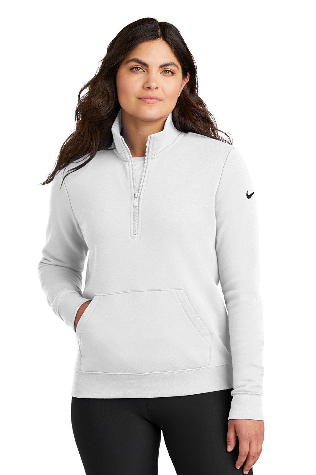 Nike NKDX6720 Womens Club Fleece 1/4 Zip Sweatshirt w/ Pouch Pocket White Model Front