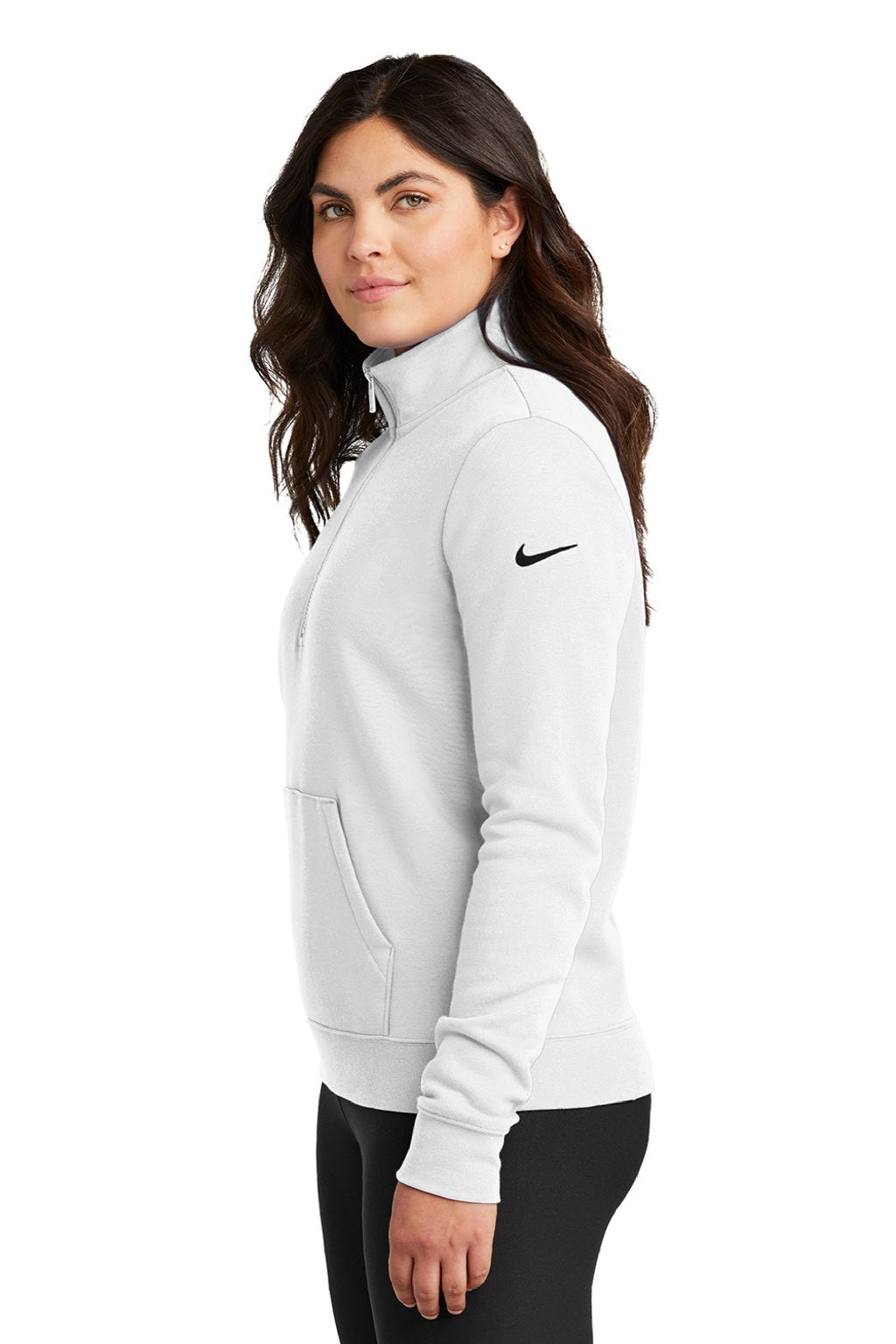 Nike NKDX6720 Womens Club Fleece 1/4 Zip Sweatshirt w/ Pouch Pocket White Model Side
