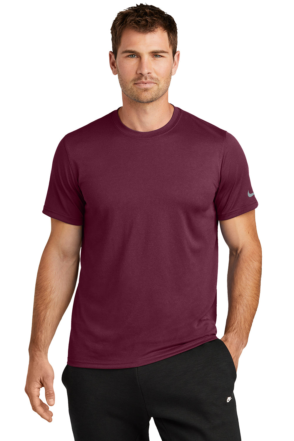 Nike NKDX8730 Mens rLegend Dri-Fit Moisture Wicking Short Sleeve Crewneck T-Shirt Deep Maroon Model Front