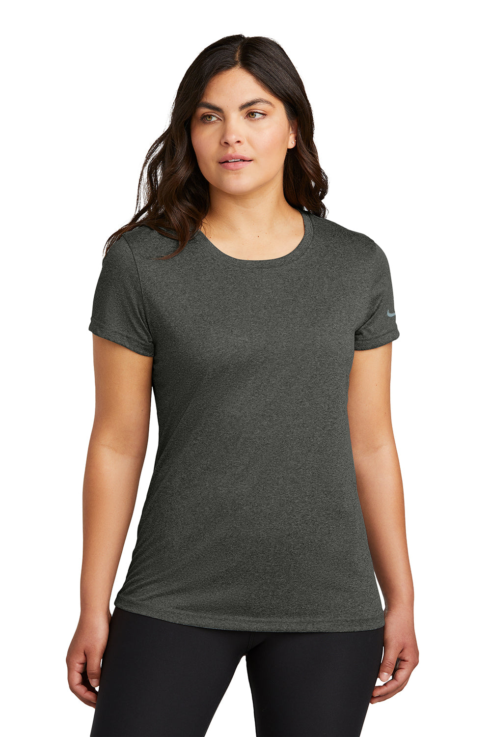 Nike NKDX8734 Womens rLegend Dri-Fit Moisture Wicking Short Sleeve Crewneck T-Shirt Heather Dark Smoke Grey Model Front