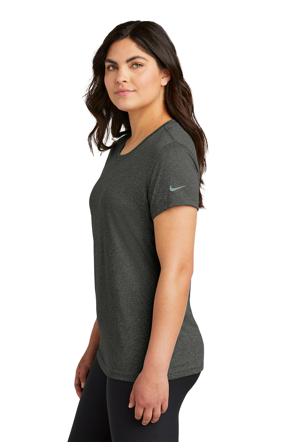 Nike NKDX8734 Womens rLegend Dri-Fit Moisture Wicking Short Sleeve Crewneck T-Shirt Heather Dark Smoke Grey Model Side